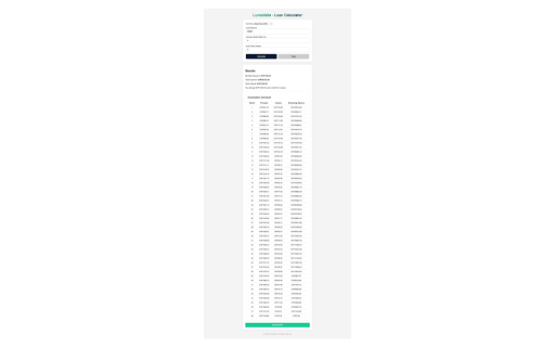 Lumavalle Loan Calculator :: LumaValle – Loan Calculator
Quickly calculate loan payments, total interest, and a full repayment schedule with this clean,…