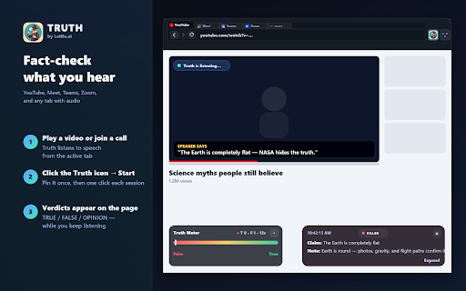 Truth: Real-time AI Fact Checker for YouTube, Meet, Zoom, Teams & More :: Real-time AI fact-checking on Zoom, Meet, Teams, YouTube & podcasts. On-page verdicts as you listen — spot shaky claims live.