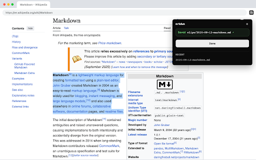 mrkdwn Web Clipper :: Clip a selection or a whole page as Markdown, straight into a folder on your own disk.