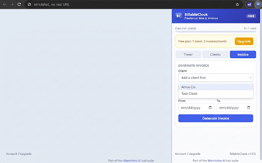 BillableClock — Freelancer Time & Invoice Tracker :: Track billable time per client from your toolbar, then generate a client invoice in seconds. No spreadsheets needed.