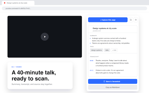 Sensefold Web Clipper: Articles, Videos, Threads, AI Chats, Markdown Export :: Clip articles, YouTube videos, threads & AI chats. Clean text, AI summaries, tags, Markdown export — context your own AI can use.