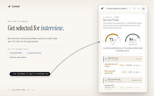 Calibrd AI: Would You Make the Shortlist? :: Open a LinkedIn job, click once. In a minute, a hiring manager's read: shortlisted or passed over, and what to fix first.