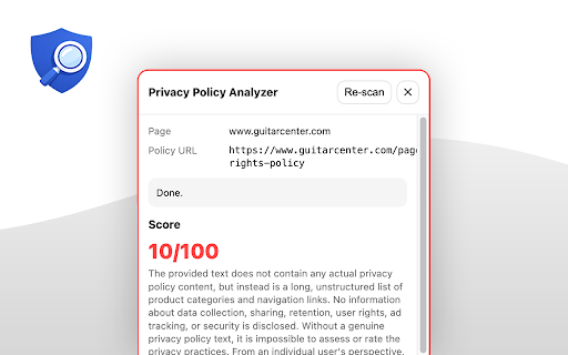 Privacy Policy Analyzer :: Privacy Policy Analyzer detects privacy pages and provides: a summary, a consumer risk score and actions you can take.