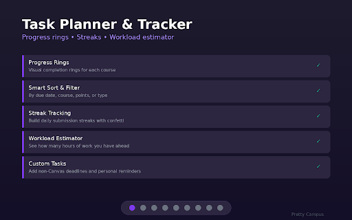 Pretty Campus - Canvas Dark Mode & GPA :: Dark mode, GPA calculator, auto-save, Pomodoro timer, smart notifications & 40+ themes for Canvas LMS.