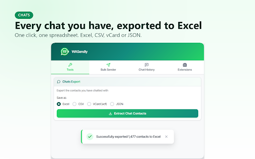 Export WhatsApp Contacts, Group Members & Chat Backup to Excel – WASendly :: Export & extract WhatsApp contacts, group members & phone numbers to Excel, CSV, vCard. Back up chat history as HTML with photos.