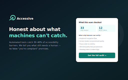 Accessive — Free WCAG Scanner :: One-click accessibility scan of the current page. Local, free, no signup. Upgrade to a full WCAG 2.2 audit on accessive.app.