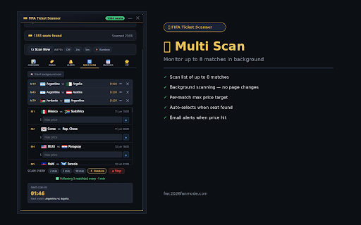 FIFA Ticket Scanner Resale & Shop — Free Edition :: Free scanner for FIFA World Cup 2026 resale and shop tickets. Finds the cheapest seat in each category in one click.
