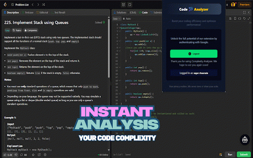Code-Complexity-Analyzer | Instantly Analyze Your Code Complexity :: Stop guessing about your algorithm's performance. Our Chrome extension automatically analyzes your code.