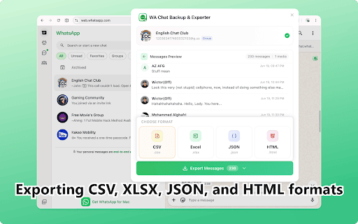WA Chat Backup & Exporter :: Back up and export WhatsApp Web chats to CSV, Excel, JSON or HTML. Save messages and media from chats with one click.