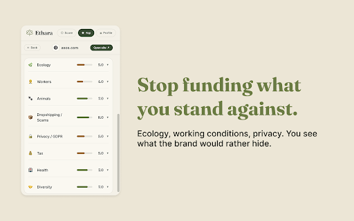 Ethara - Browse in line with your values :: Stop funding brands that pollute, exploit or scam. Know in one click if a site deserves your attention.