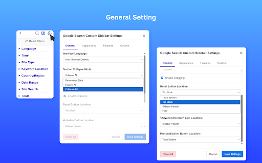 Google Search Custom Sidebar :: Customizable Google Search sidebar: quick filters (lang, time, filetype, country), site search, Verbatim & Personalization tools