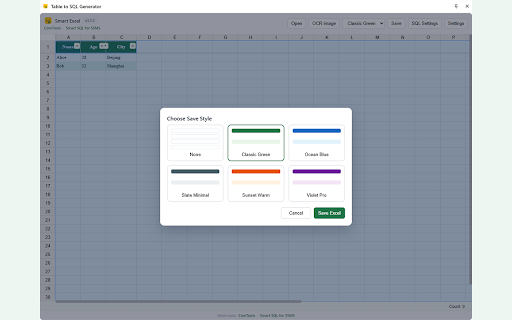 Web Table to Excel & SQL :: Capture web tables & dropdowns, edit in a side panel, generate SQL, and export to Excel/CSV/HTML/JSON.