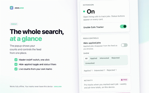 Cafe Tracker :: Mark jobs Applied, Interested or Rejected on hiring.cafe and hide the ones you are done with. Private, no account.