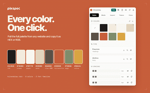 PikSpec – CSS Inspector & Font Finder :: Inspect CSS, fonts and colors on any website. Export design tokens to Tailwind, CSS, JSON or DESIGN.md for AI coding tools.