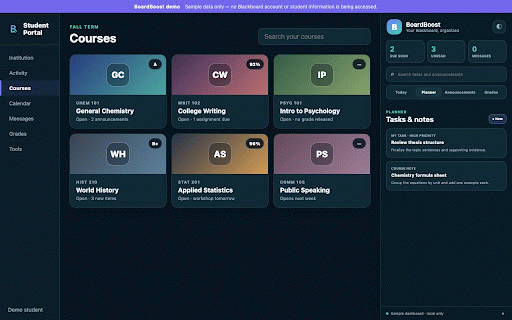 BoardBoost - Student LMS Dashboard :: A better dashboard for Blackboard Learn Ultra with tasks, announcements, grades, course customization, and dark mode.
