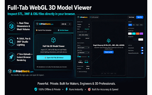 3DPrintMetric - 3D Viewer, G-Code & Print Cost Estimator :: Offline 3D model viewer (STL, 3MF, OBJ) with rotation/zoom, G-Code telemetry analyzer, and 3D print cost & price estimator.