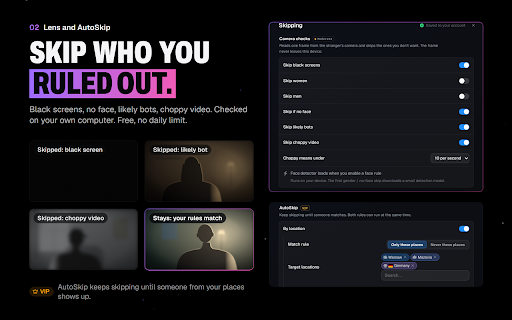OME.UNDFND: IP Locator & Auto Skip for Ome.tv :: Adds an overlay to Ome.tv that shows your chat partner's approximate location and network, with skip filters and camera tools.
