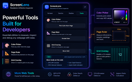 ScreenLens – Screen Resolution & Device Inspector :: Instant screen resolution, viewport size, device info, color picker, page ruler & responsive testing — all in one click.