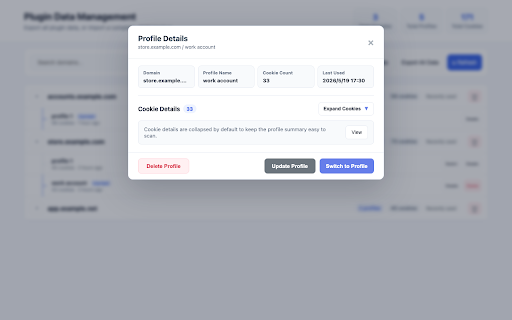Cookie Profile Switcher :: Store and manage multiple cookie profiles for each domain, easily switch between different user sessions