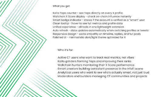 X Badge :: Shows Kaito Yaps, Wallchain X Score & Smart badges to reveal who’s real, active, and trusted on X.