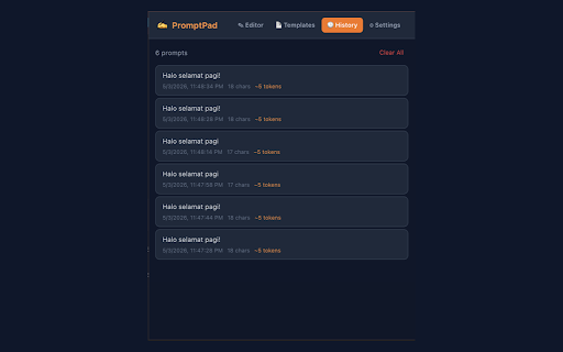 PromptPad - Markdown Prompt Editor :: Write better AI prompts with Markdown editor, templates, variables, history & token counter. Works with ChatGPT, Claude, Gemini.