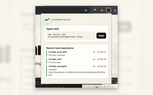 Chrome Relay :: your real chrome, exposed to your agent via a cli