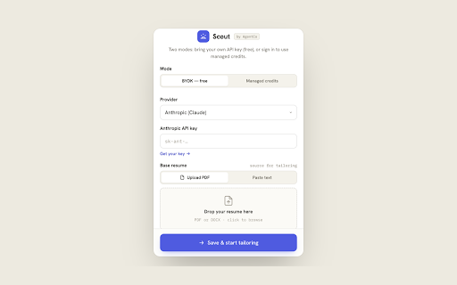 Scout by AgentCo :: Tailor your resume to any job, right where you find it.