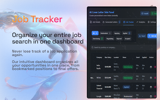 AI Cover Letter Side Panel :: Generate personalized cover letters & answer application questions with AI. Track jobs, analyze stats, and land interviews faster.