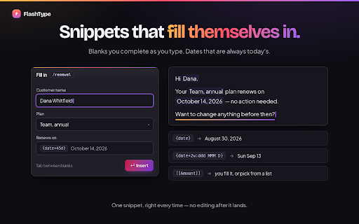 FlashType — Free Text Expander & Snippets :: Unlimited free text snippets that expand anywhere. No account, no limits. Import from Text Blaze, Magical & TextExpander.