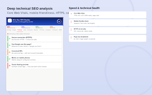 All in One SEO Checker :: Complete SEO audit: on-page, technical, images, links, schema, Core Web Vitals, LLM, AEO & GEO signals.