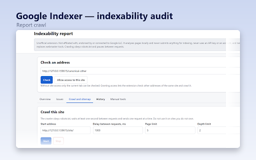 Google Indexer — indexability audit :: Unofficial offline auditor: robots.txt, meta robots, canonical, hreflang, structured data, sitemap. Submits nothing.