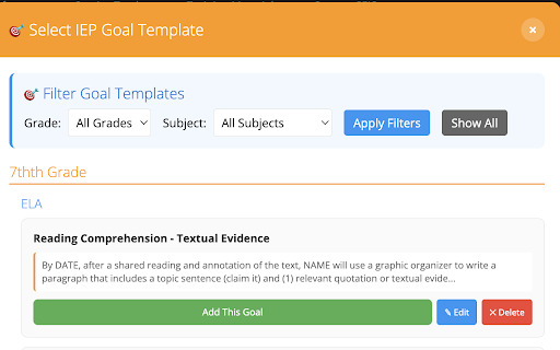 SEIS IEP Assistant :: Template verbiage assistant for SEIS IEP forms with field-specific templates, custom template creation, and individual customization