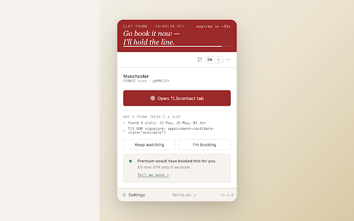 Visa Master — Schengen Visa Slot Watcher (TLScontact: France, Italy, Spain) :: Stop refreshing TLScontact. Get a phone + desktop ping the second a Schengen visa slot opens. Local-only, no servers.