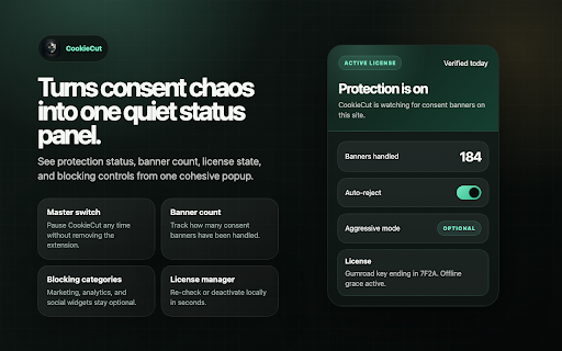 CookieCut — Auto-Reject Banners :: Silently selects the minimal-tracking option on cookie consent banners. 100% local.