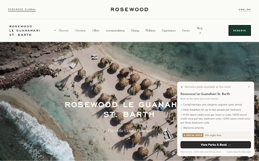 Luxury Hotel Offers :: Get notified when a hotel you're browsing has exclusive perks: complimentary breakfast, room or suite upgrades, credits and more.
