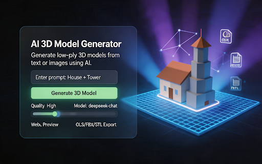 AI 3D Model Generator :: Generate low-poly 3D models from text or image with your own AI API key, preview in WebGL viewer, and export to OBJ, FBX, or STL.
