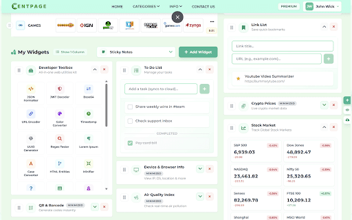 CentPage – Productivity New Tab | Internet StartPage :: Turn every new tab into a powerful productivity dashboard with bookmarks, widgets, search, notes, and more.