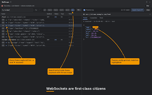 NetScope – Search Network Responses & WebSockets :: DevTools panel: search response bodies and live WebSocket frames, copy as cURL, export captured WS traffic as AsyncAPI 3.0.