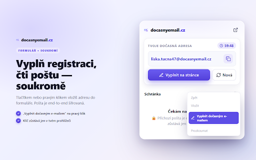 Dočasný e-mail – docasnyemail.cz :: Vytvoř dočasnou e-mailovou adresu na jeden klik, vyplň ji do formuláře a čti příchozí kódy. Chraň se před spamem.