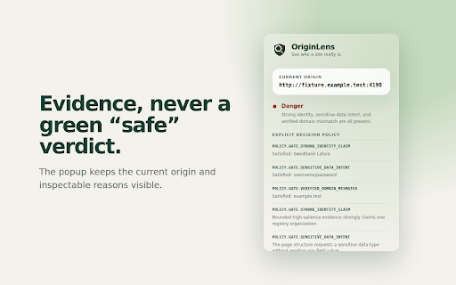 OriginLens :: Local-first phishing warnings using claimed identity, sensitive-data intent, verified domains, and bounded page behavior.