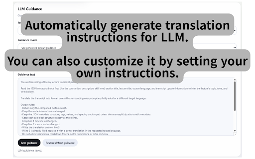 Udemy Custom Script :: Export Udemy transcripts, translate them with AI or custom workflows, and display configurable subtitles in the player.