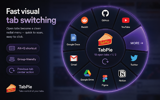 TabPie :: Search, preview, manage, and switch between open tabs and tab groups with a fast radial menu.