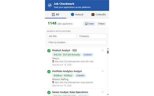 Job Checkmark :: Track which jobs you have applied to on LinkedIn and Indeed, see salaries at a glance, and filter out low-pay listings.