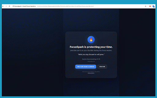 FocusSpark – Smart Focus Sessions :: Session-based Pomodoro + intelligent site blocker for deep work.