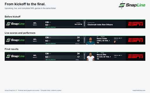 SnapLine - Fantasy Football Ticker :: Live fantasy scores over videos and webpages. Uses fantasy data provided by Yahoo Fantasy, plus ESPN and Sleeper.