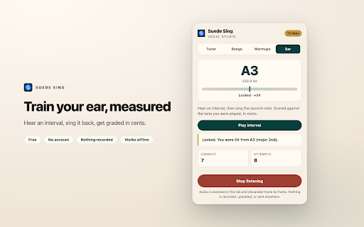 Suede Sing: Vocal Coach, Pitch Trainer & Vocal Range Test :: Free vocal coach in your browser: live pitch tuner, vocal range test, warmups, ear training, and a sing-along meter on YouTube.