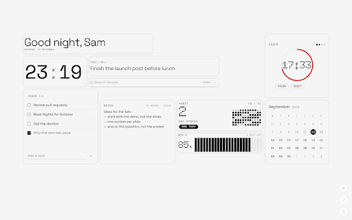 DotTab: Minimal New Tab Dashboard & Widgets :: Replace your new tab with a clean dot-matrix dashboard: clock, tasks, notes, weather, pomodoro, habits, games. Drag on a grid.
