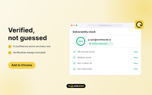 Email Finder by Mailsumo :: Find verified email addresses by company domain or person name. Every result is checked before you see it.