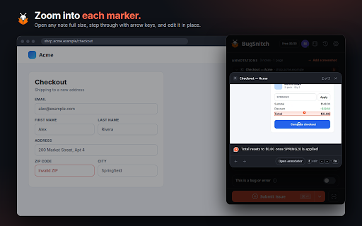 BugSnitch :: Capture page context and turn it into a focused GitHub or Linear issue, or a shareable link.