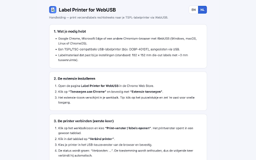 Label Printer for WebUSB :: Capture shipping labels and print them straight to your TSPL label printer over WebUSB — fast, local, no detour.